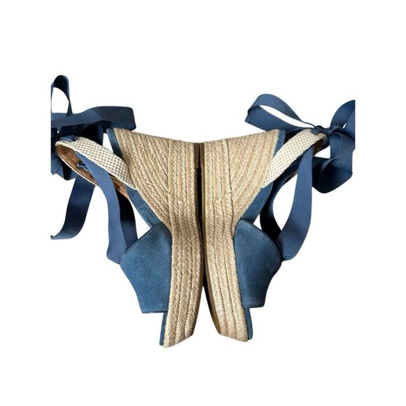 UGG Shiloh Suede Blue Sandals size 8.5 Wedge Espadrille Ribbon Tie Open Toe - Picture 8 of 11